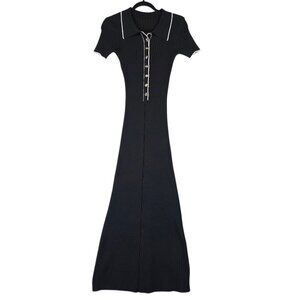 Commense Sweater Dress Womens Large Black Ribbed Knit Polo Button Maxi